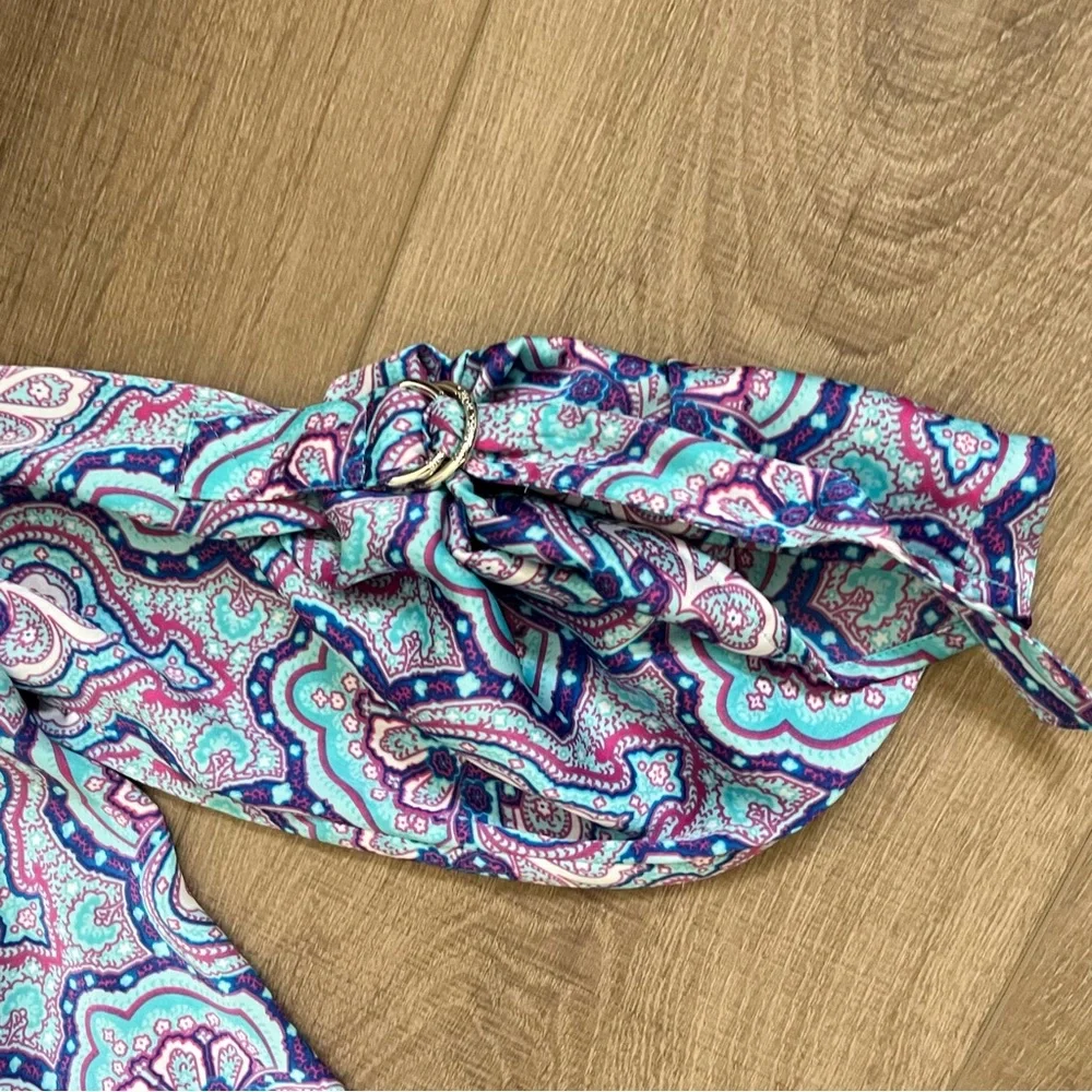 Michael Kors Blouse M/L Blue Multi Pattern RollTab Sleeve Elastic Gathered Waist